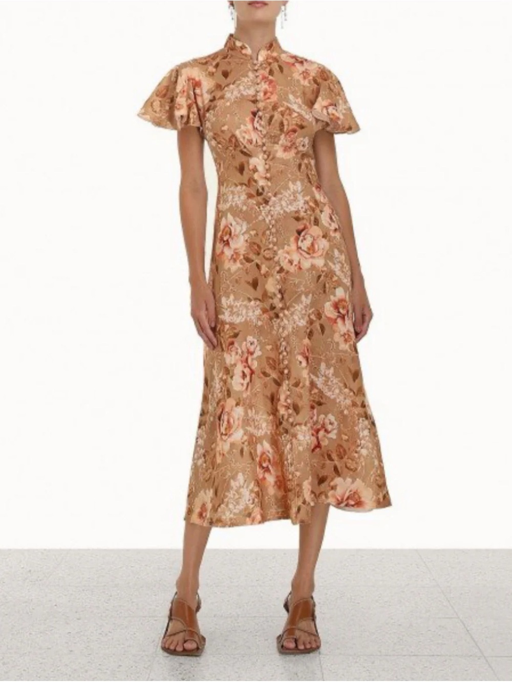 EUC 100% Linen Zimmermann Tan Floral Flutter Sleeves Midi 0P Boho Designer Dress